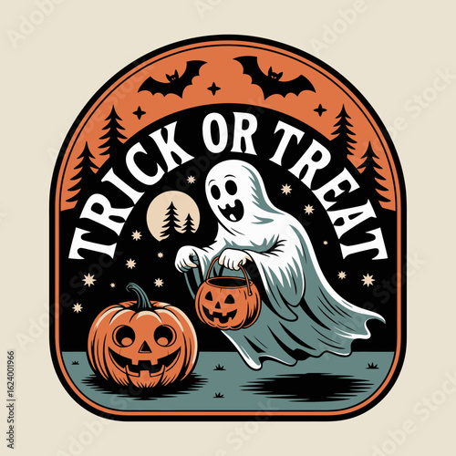 A whimsical ghost happily holds a pumpkin bucket amidst bats and stars, showcasing a playful Halloween vibe that encapsulates the essence of trick-or-treating fun.