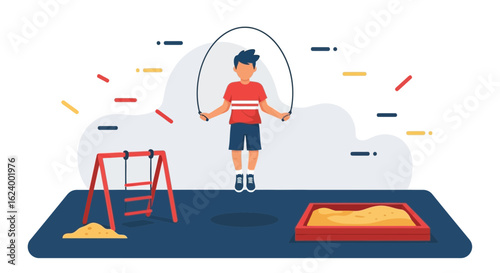 Young Boy Enjoys Active Playtime Jumping Rope On The Playground Illustration