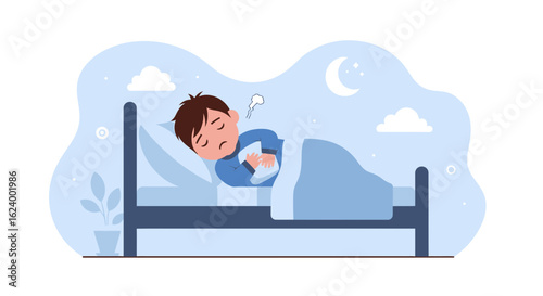 Young Boy Experiencing Discomfort Lying In Bed Trying To Rest At Night