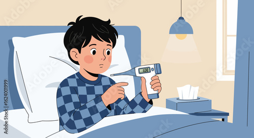 Young Boy Feeling Unwell In Bed Looks At A Thermometer Showing Fever