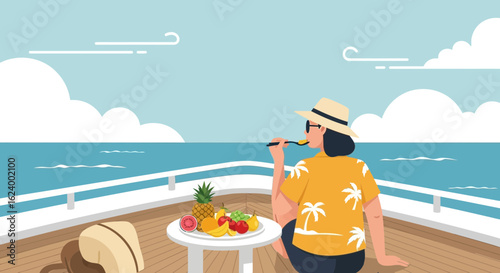 Woman Relaxing On Cruise Eating Fresh Fruits And Enjoying Sea View