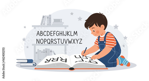 Young Boy Learning Alphabets with Open Book for Early Education Concept