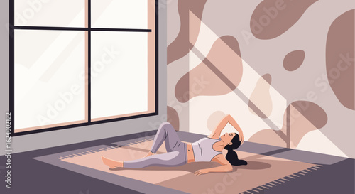 Woman Relaxing On The Rug In Sunlight Near Window Indoors Flat Vector