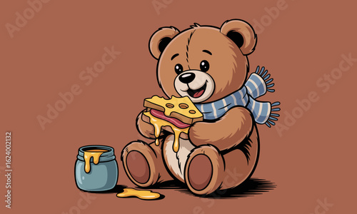 A delightful illustration of a bear happily munching on a cheesy sandwich, surrounded by sticky honey, showcasing the joy of comfort food with a playful vibe.