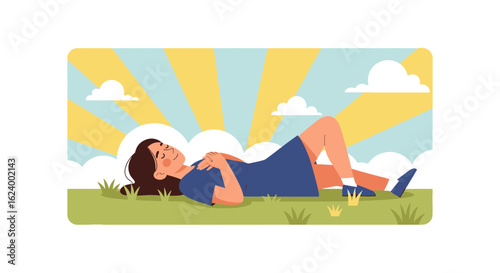 Woman Relaxing Outside In The Sunshine On Green Grass Area