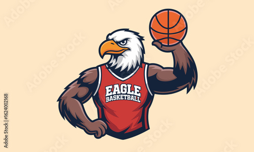 A fierce eagle mascot designed for basketball, showcasing strength and agility while holding a basketball, perfect for a sports team logo or promotional material.