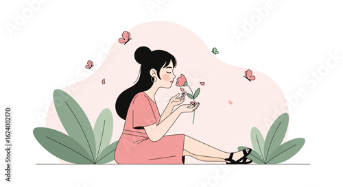 Woman Relaxing Sitting Smelling A Flower With Butterflies Around Her