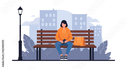 Woman Resting On Park Bench In The City With Backpack And Using Phone