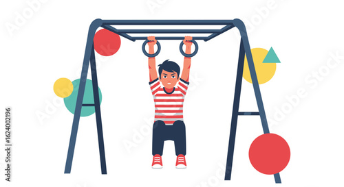 Young Boy Practicing Calisthenics Exercise on Monkey Bars at Playground