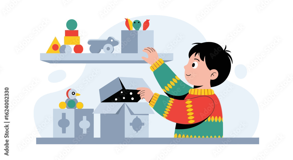 Young Boy Tidying Up His Toys Collection Arranging on a Shelf Young Boy Tidying Up His Toys Collection Arranging on a Shelf