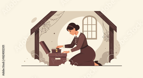 Woman Searching Through Old Boxes In A Dusty Attic Filled With Cobwebs