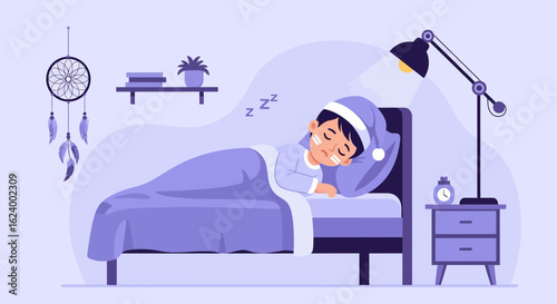 Young Boy Sleeping Peacefully In His Bedroom With Nightstand Lamp