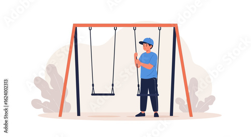 Young Boy Stands On A Swing Set Waiting Alone At The Playground