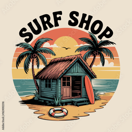 This vibrant illustration presents a cozy surf shop with a beach-themed design, featuring a colorful shack, palm trees, and calming ocean waves in the background.