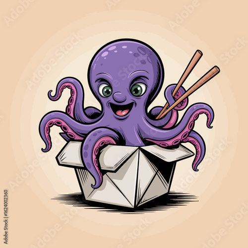 A cheerful cartoon octopus sits playfully inside a food box, brandishing chopsticks, creating an inviting and whimsical atmosphere perfect for playful culinary themes.