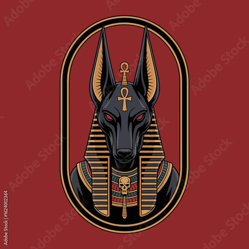 An elegant illustration of Anubis’s head adorned with traditional Egyptian regalia and symbols, embodying the fusion of culture and artistry in an eye-catching design.