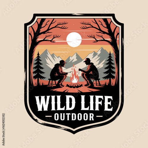 This artistic representation captures two campers roasting marshmallows over a campfire against a stunning mountain landscape, evoking feelings of warmth, friendship, and adventure.