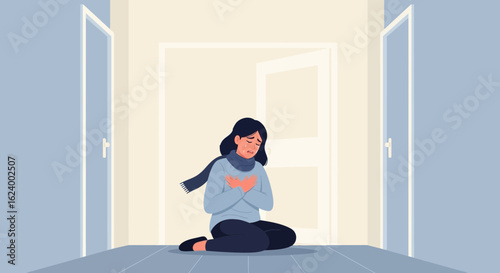 Woman Sitting on The Floor With Worried Expression in Room Interior