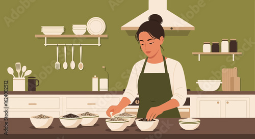 Woman Sorting Different Types Of Grains In The Kitchen For Cooking Process