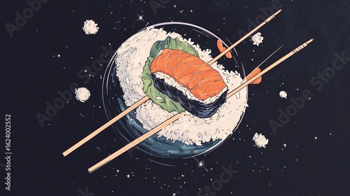 Artistic Sushi Illustration with Rice and Chopsticks