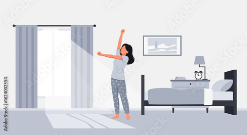 Woman Stretching And Waking Up In Her Bedroom On A Sunny Morning