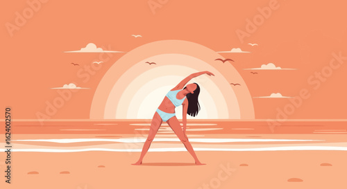 Woman Stretching At Sunrise On A Tropical Beach For Body Wellness