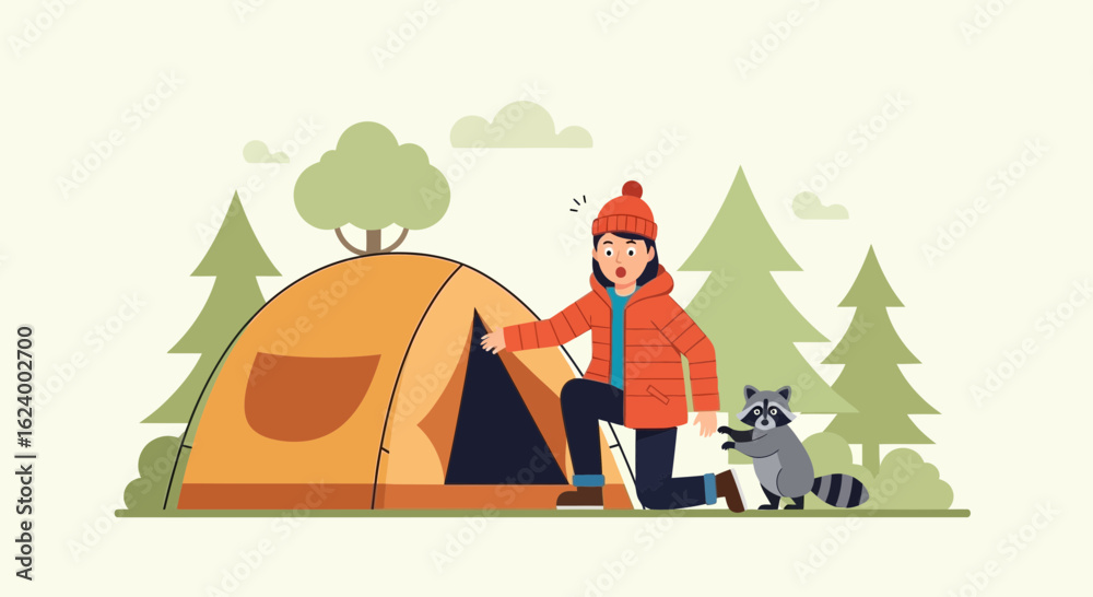 Fototapeta premium Woman Surprised by a Raccoon Outside Her Tent While Camping in the Woods