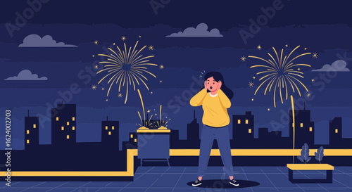 Woman Surprised By Fireworks Display Over City Skyline On New Year Holiday