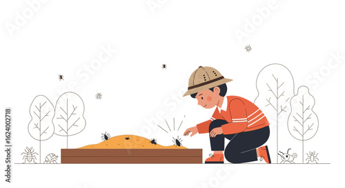 Young Explorer Observing Beetles In Their Natural Habitat Illustration