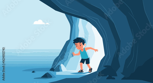 Young Explorer Ventures Into Mysterious Cave On Sunny Coastal Adventure