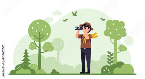 Young Explorer With Binoculars Enjoying Nature In The Forest