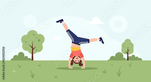 Young girl performing a cartwheel in a park illustration with trees and grass representing an outdoor scene