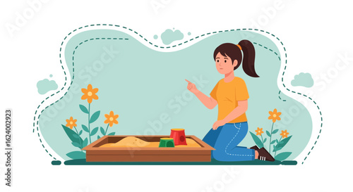 Young Girl Plays In Sandbox On Playground Surrounded By Flowers Outdoors