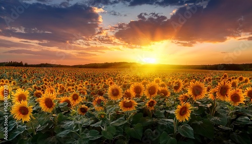 scenic sunset casting light on a sunflower field