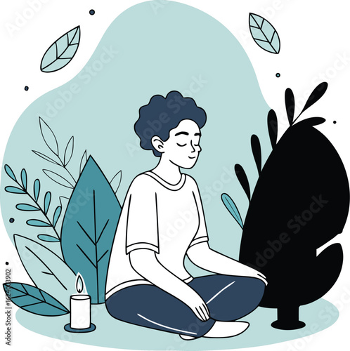 Serene Soul in Stillness: A calm individual sits in a peaceful meditation, embodying tranquility amidst lush greenery, with a softly glowing candle nearby.