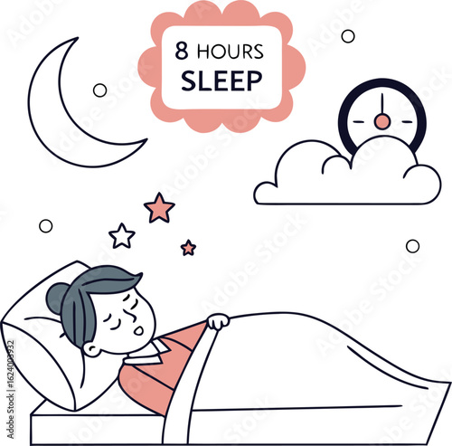8 Hours of Sleep: A person enjoys a peaceful, undisturbed rest for eight hours, a picture of tranquility and rest in a cozy bedroom.