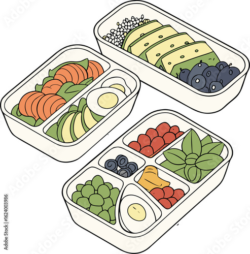 Nutritious Bento Box: A vibrantly illustrated bento box with an artful arrangement of fresh, wholesome ingredients, catering to a balanced and healthy lifestyle.