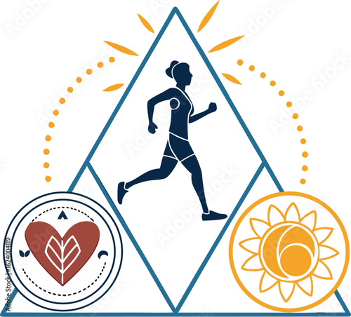 Wellness Symbol: A dynamic illustration featuring a running person, representing the active pursuit of a healthy lifestyle, supported by elements of a heart and the sun.