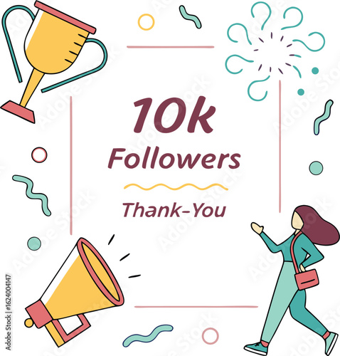 Celebration of 10K Followers: A vibrant graphic of achievement, depicting a thank you for reaching 10,000 followers, with a megaphone, trophy, and an illustration of person.