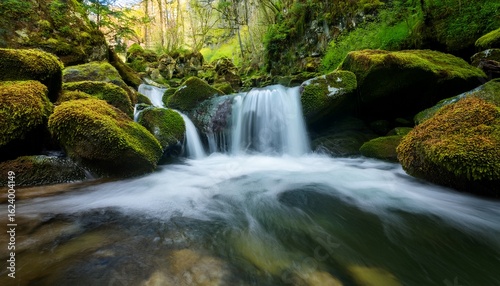 serene waterfall scene mossy rocks and crystal clear water