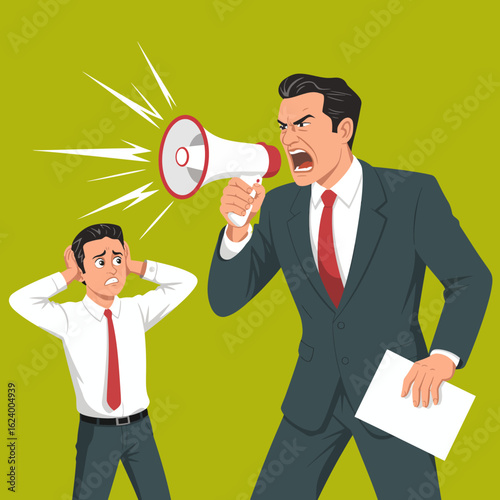An intense graphic showing a confrontation in a business setting, where an aggressive voice commands attention while the employee appears distressed by the outburst.