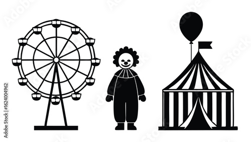 A fun circus theme featuring ferris wheel, smiling clown, and tent with balloon for entertainment
