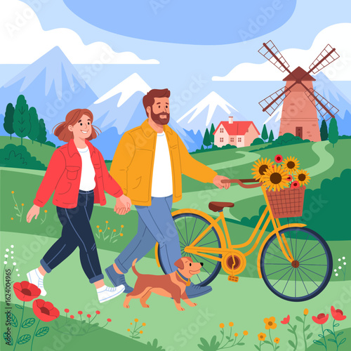 A delightful scene featuring a couple strolling hand-in-hand through a picturesque landscape with a bicycle and a playful dog, showcasing harmony with nature and companionship.