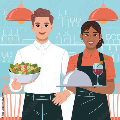 A male and a female waitstaff shining with joy as they present a fresh salad and a drink in a warm and inviting restaurant setting full of character and charm.