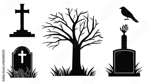 A spooky halloween grave yard scene silhouettes depicting trees tombstones and crows in a monochrome style