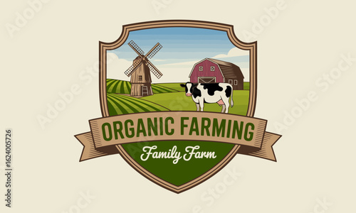 An enchanting view of a family farm illustrating a cow beside a barn and a classic windmill, perfect for highlighting sustainable farming practices and joyous rural life.