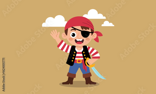 This lively image presents a happy cartoon pirate character waving with a sword in hand, showcasing excitement and adventure in a vibrant, animated style.