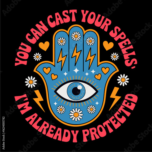 Graphic design featuring a hamsa hand with an eye, flowers, lightning bolts, and hearts, surrounded by text on a black background.