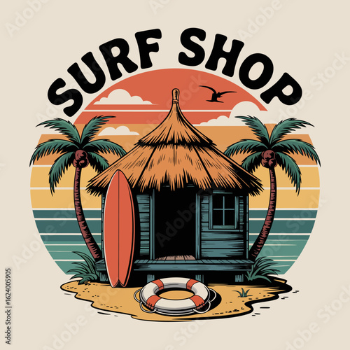 This colorful illustration of a surf shop transports viewers to a sunny beach scene, complete with a cozy shack, palm trees, and a surfboard, radiating summer vibes.