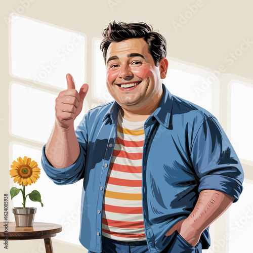 A delightful illustration featuring a cheerful man with a thumbs up next to a sunflower, radiating positivity and good vibes through its bright colors and friendly expression.
